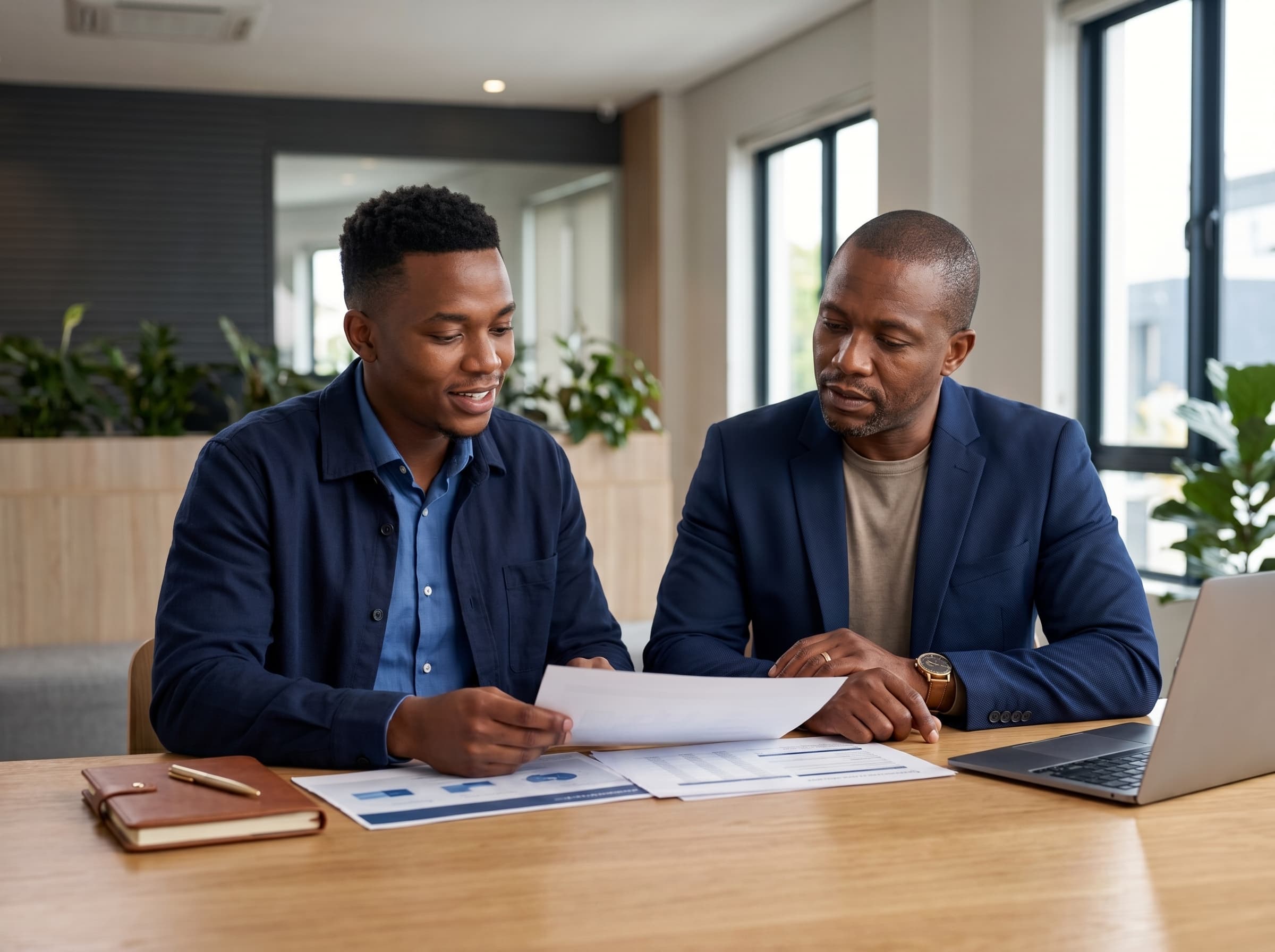Two founders reviewing a product concept in a modern workspace